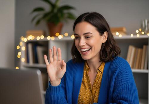 Smiling woman waving hello during online call using laptop computer photo