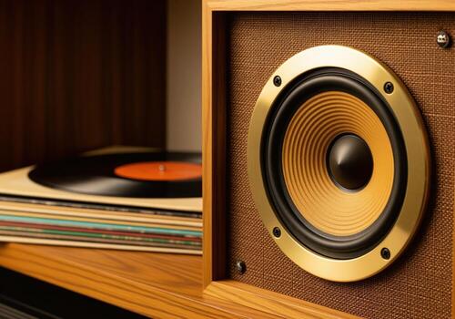Detailed view of retro wooden speaker cabinet featuring a yellow cone and gold trim. photo