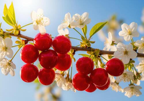 Bright red cherries and white spring blossoms ripening on a tree branch in sunlight. photo