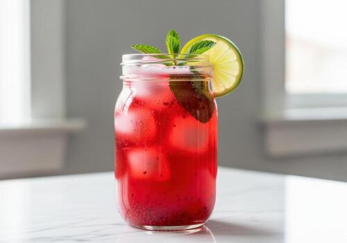 Vibrant red iced beverage in mason jar garnished with lime and fresh mint. photo