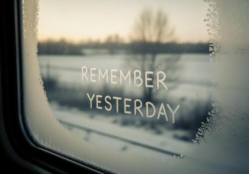 Nostalgic message remember yesterday etched into a frosty winter train window photo