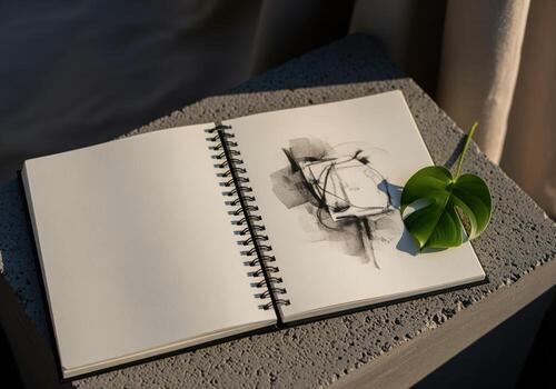 Artistic flat lay of spiral sketchbook with abstract drawing and tropical leaf photo