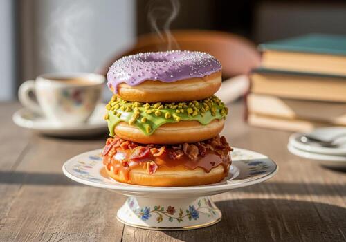 Indulgent stack of three gourmet donuts featuring lavender, pistachio, and bacon maple flavors. photo