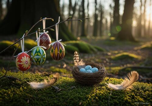 caprichoso Pascua de Resurrección escena con decorado huevos y pájaro nido en un iluminado por el sol primavera bosque. foto