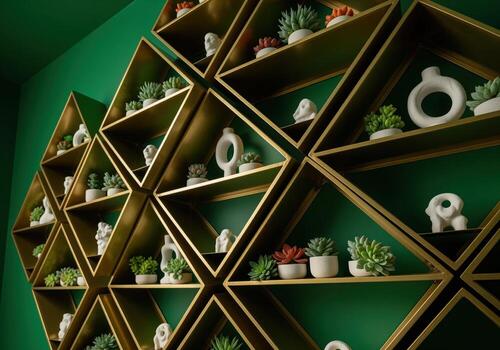 Modern geometric gold triangular shelving unit with succulents and abstract decor photo