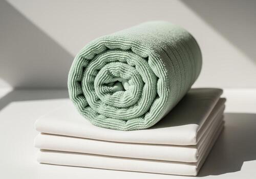 Soft rolled green towel stacked on fresh white laundry linens in bright light photo