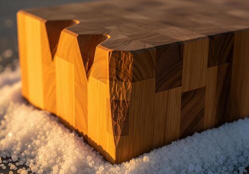 Detailed view of premium end grain cutting board joinery illuminated by warm light photo