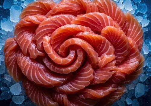 Fresh raw salmon sashimi slices arranged in a decorative rose pattern on ice photo