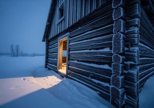 congelado de madera Iniciar sesión cabina cubierto en escarcha con calentar ligero brillante desde el abierto puerta. foto