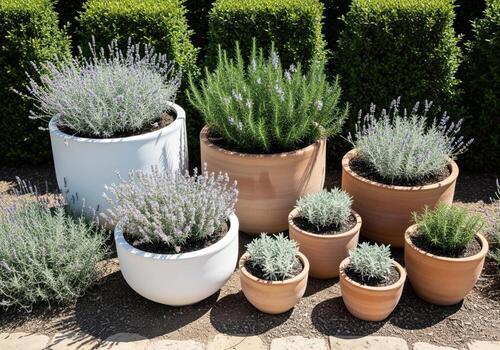 Grouping of fragrant lavender and rosemary herbs in mixed terracotta and white planters. photo