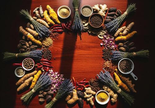 Exotic spices herbs and roots forming a decorative circular frame on a dark wood table. photo