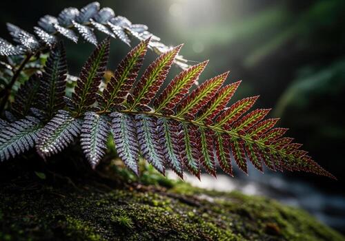 Detailed macro view of a colorful japanese painted fern frond catching sunlight. photo