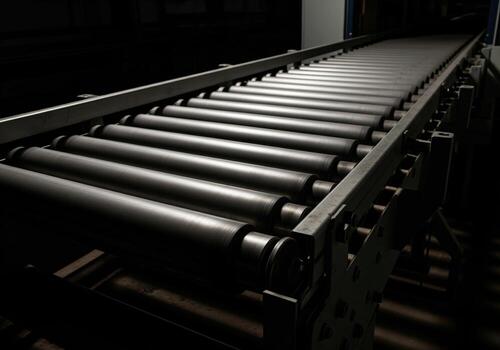 Industrial roller conveyor belt empty and ready for production with dramatic light photo