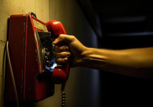 Sweaty hand slams red emergency phone receiver in dramatic low key light photo