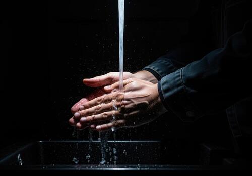 Dramatic low key shot of hands washing under a stream of clean running water photo