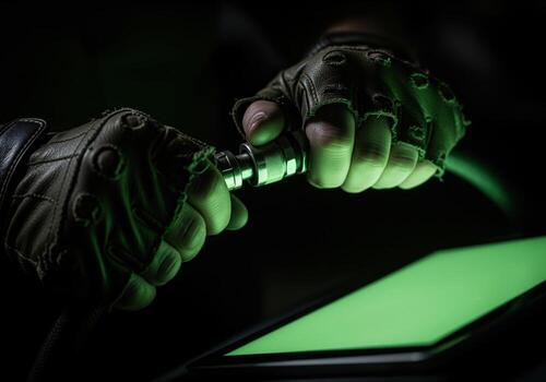 Mysterious gloved hands holding metallic device illuminated by green tablet photo