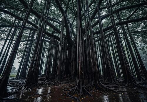 Dramatic banyan tree with extensive aerial roots in monsoon rain photo