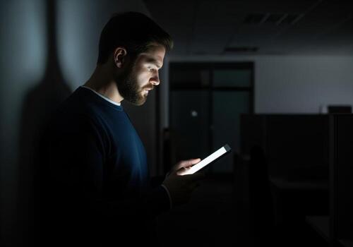 Focused man illuminated by tablet screen light in a dark office environment photo