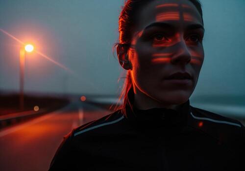 Determined female runner illuminated by dramatic red light at dawn, intense expression photo