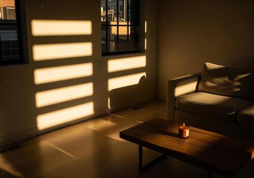 Intimate lounge transformed by dramatic golden light through windows photo