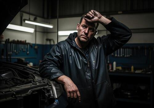 Weary auto mechanic working on car repair in a dimly lit service bay photo