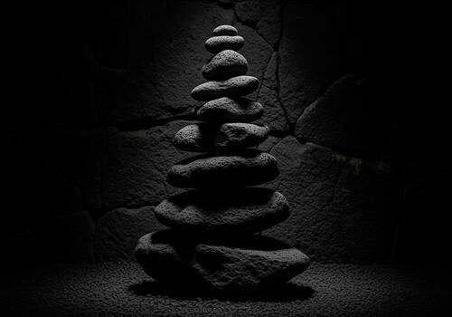 Dramatic stack of rough volcanic stones in a powerful, balanced cairn photo
