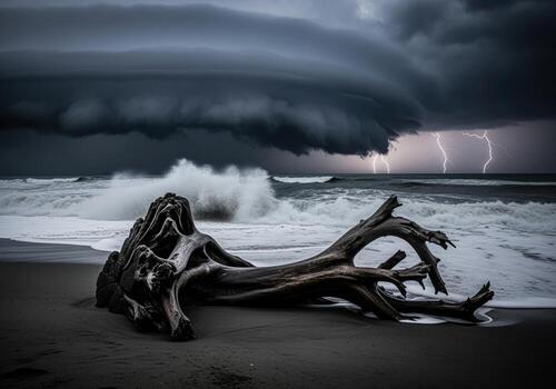 Weathered driftwood on a dark, stormy beach with crashing waves and lightning photo