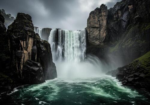 Powerful waterfall cascades between dark, mossy cliffs into a turbulent river photo