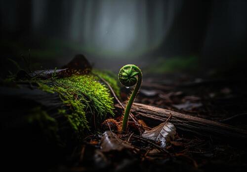 Green fern fiddlehead unfurling new life in dark forest growth photo