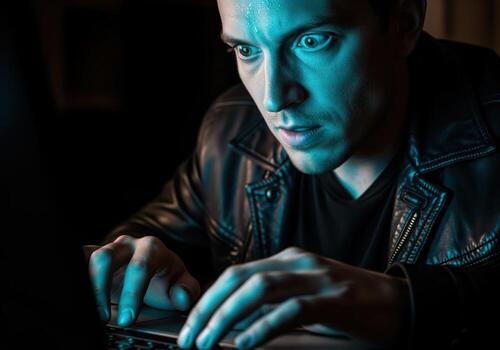 Intense young man coding on laptop, focused in dark room with blue light photo