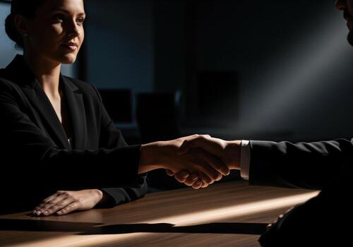 Decisive business handshake between professional man and woman in dim light photo