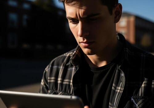 Concentrated young man using tablet with intense focus in dramatic light photo