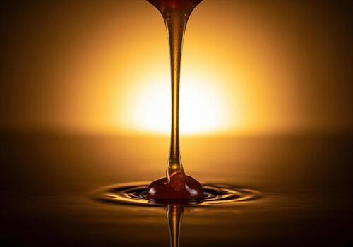Golden caramel sauce dripping creating ripples, rich sweet dessert topping photo