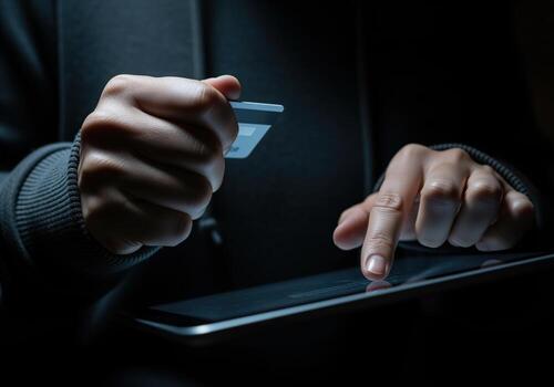 Secure online payment with credit card on tablet in a dark, digital environment. photo