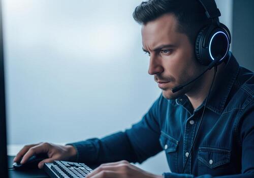 Focused man wearing gaming headset with microphone concentrating on computer screen photo