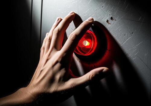 Frantic hand pressing a glowing red alarm button on a distressed panel photo