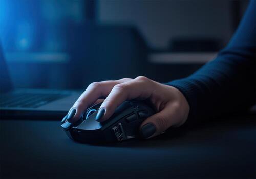Focused hand using a computer mouse with blue light in a dark digital workspace photo
