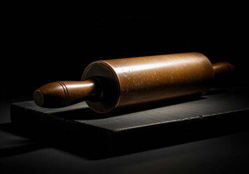 Heavy solid bronze rolling pin on dark surface for baking and kitchen use photo