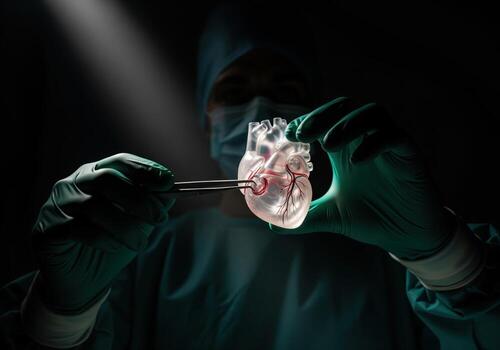 Surgeon gloved hands meticulously examine a transparent 3D heart model photo