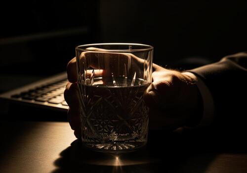 Professional hand firmly gripping a patterned glass in dramatic low key light photo
