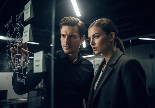 Dedicated business team collaborating on innovative strategy using a clear glass board photo