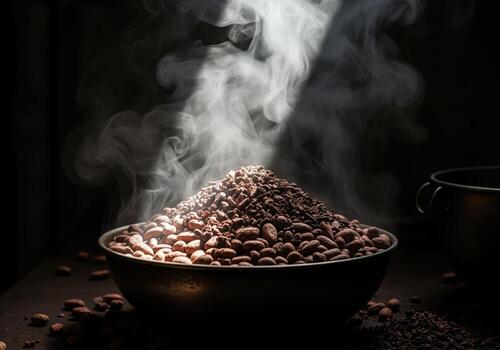 Steaming pile of raw cacao nibs and beans in a bowl, ready for chocolate making photo
