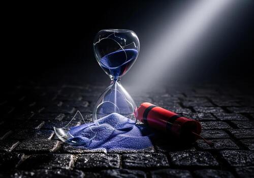 Shattered hourglass with blue sand and dynamite symbolizing urgent danger and crisis. photo