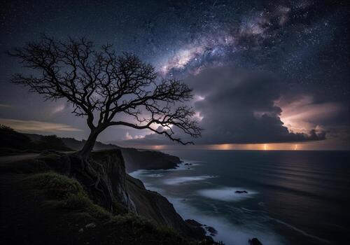 Stark tree on cliff under dramatic lightning storm and milky way night sky photo