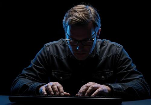 Hacker programmer typing intensely on computer in dark blue light photo