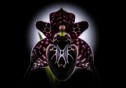 Dramatic close up of a mottled deep violet and black dracula monkey orchid photo