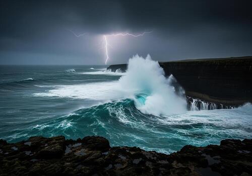 Intense ocean storm, crashing waves, dark cliffs, and a powerful lightning strike photo