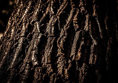Intensely moody bark texture with glistening sap under dramatic raking light photo