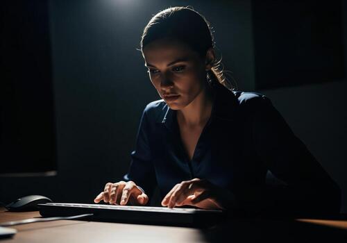 enfocado mujer mecanografía en teclado en tenuemente iluminado habitación, trabajando tarde a noche foto