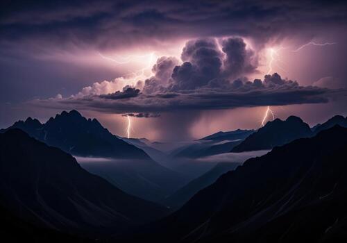 Powerful thunderstorm with intense lightning over dramatic mountain range photo